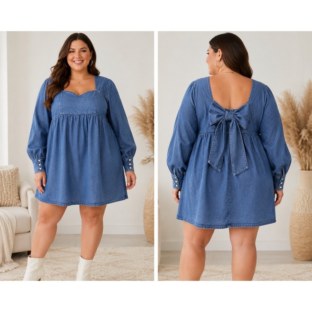 ASOS Luxe Denim Dress Women Size 20 Blue NEW Bow Back Pearl Button Mini Babydoll